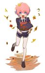  1boy :d acorn akita_toushirou autumn_leaves blue_eyes hat hat_removed headwear_removed highres leaf legwear_under_shorts male_focus military military_uniform necktie nomuo open_mouth pantyhose pinecone pink_hair shorts smile standing_on_one_leg touken_ranbu uniform white_legwear 