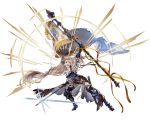  &gt;:o 1girl :o arm_up armor armored_dress bare_shoulders beltskirt blonde_hair boots breasts cleavage dress flag fleur_de_lis flower full_body gauntlets granblue_fantasy grey_legwear hair_flower hair_ornament holding holding_sword holding_weapon jeanne_d&#039;arc_(granblue_fantasy) lavender_eyes lily_(flower) long_hair low-tied_long_hair minaba_hideo official_art open_mouth overskirt pantyhose purple_dress sheath short_dress solo sword torn_clothes torn_pantyhose transparent_background unsheathed weapon 