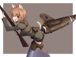  1girl a9b_(louis814) animal_ears brown_hair character_request dog_ears dog_tail flying gun military military_uniform rifle sketch solo strike_witches striker_unit tail uniform weapon 
