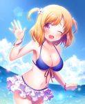 1girl ;) bikini blonde_hair blush breasts cleavage collarbone frilled_skirt frills navel ocean one_eye_closed original short_hair short_twintails skirt sky smile solo swimsuit twintails violet_eyes water 