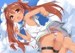  1girl brown_eyes brown_hair kantai_collection libeccio_(kantai_collection) long_hair panties sailor_dress shiina_2265 sky smile solo twintails underwear v 