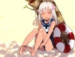  1girl ^_^ blush closed_eyes flower hair_flower hair_ornament kantai_collection long_hair open_mouth ro-500_(kantai_collection) school_uniform sitting solo swimsuit swimsuit_under_clothes tan_(tangent) white_hair 