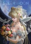  1girl artist_request bead_bracelet bird bishoujo_senshi_sailor_moon blonde_hair blurry bouquet bracelet breasts cleavage closed_eyes depth_of_field double_bun dove dress earrings flower hair_flower hair_ornament jewelry long_hair moon necklace princess_serenity source_request strapless_dress tsukino_usagi twintails very_long_hair 