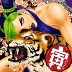  birthmark blue_eyes blue_hair blue_lipstick blue_nails double_bun floral_background green_hair halter_top halterneck joestar_birthmark jojo_no_kimyou_na_bouken kuujou_jolyne lipstick makeup multicolored_hair nail_polish sabano_(haldir) sharp_teeth tiger two-tone_hair 