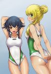  2girls arms_up black_hair blonde_hair braid brand_name_imitation breasts carpaccio commentary_request competition_swimsuit girls_und_panzer green_eyes looking_at_viewer looking_away multiple_girls one-piece_swimsuit open_mouth pepperoni_(girls_und_panzer) red_eyes side_braid solokov_(okb-999) swimsuit tagme 