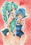  2girls animal_ears blue_hair brown_eyes casual_one-piece_swimsuit galaxy_angel green_hair highres mary0524 mint_blancmanche multiple_girls one-piece_swimsuit ponytail red_eyes school_swimsuit swimsuit traditional_media vanilla_h wink 