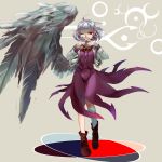  1girl boots bowtie dress full_body highres kishin_sagume long_sleeves looking_at_viewer one_eye_closed potsuko purple_dress red_eyes short_hair silver_hair single_wing solo touhou vest wings 