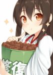  1girl akagi_(kantai_collection) blush brown_hair close-up eating finger_to_mouth food full_mouth hair_between_eyes kantai_collection orange_eyes shuuichi simple_background solo sparkle sparkling_eyes text white_background 