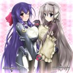  2girls anakin_sky_(utcc) asama_tomo blue_eyes blue_hair blush bodysuit boots breast_press breasts cleavage fingerless_gloves gloves hair_tubes highres holding_hands horizon_ariadust interlocked_fingers kyoukaisenjou_no_horizon large_breasts long_hair multiple_girls pantyhose red_eyes silver_hair smile symmetrical_docking thigh-highs very_long_hair 