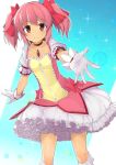  1girl bow brooch choker cowboy_shot gloves hair_bow highres jewelry kaname_madoka kneehighs looking_at_viewer magical_girl mahou_shoujo_madoka_magica mzrz outstretched_hand pink_eyes pink_hair short_hair short_sleeves smile solo sparkle twintails white_gloves white_legwear 