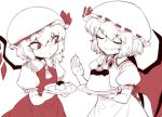  2girls bat_wings dress fang flandre_scarlet hat multiple_girls namesake pudding puffy_short_sleeves puffy_sleeves red remilia_scarlet short_hair short_sleeves siblings sisters size_difference smile space_jin spot_color touhou wings 