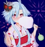  1girl ahoge blanc blue_hair cotton_candy fireworks haru_blanc0316 japanese_clothes kimono mask mask_on_head neptune_(series) outstretched_hand red_eyes symbol-shaped_pupils white_heart yukata 