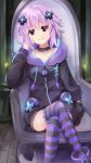  1girl adult_neptune breasts collarbone d-pad hair_ornament highres hooded_track_jacket leaning_to_the_side long_hair looking_at_viewer neptune_(series) open_mouth purple_hair smile solo throne violet_eyes 