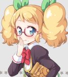  1girl aikatsu! bag blonde_hair blue_eyes bow chewing doughnut eating food food_on_face glasses grey_background hair_bow hair_ribbon hand_on_own_face looking_at_viewer paper_bag ribbon saegusa_kii simple_background smile solo star tokunou_shoutarou twintails 