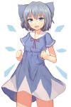  1girl blue_dress blue_eyes blue_hair bow cirno dress fang hair_bow highres ice ice_wings looking_at_viewer open_mouth shone smile solo touhou wings 