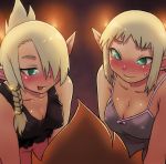  1boy 2girls :p blush breasts cleavage cleophee evangelyne green_eyes hair_over_one_eye long_hair multiple_girls naughty_face pointy_ears short_hair small_breasts sweatdrop tongue tongue_out tristepin_percedal tsukudani_(coke-buta) wakfu 