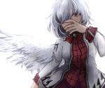  1girl angel_wings bow breasts brooch collared_shirt covering_mouth cowboy_shot dress feathered_wings hair_over_one_eye jacket jewelry kishin_sagume long_sleeves looking_to_the_side plaid plaid_shirt purple_dress red_eyes shirt short_hair silver_hair single_wing solo sunaya_yanokura touhou white_background wings 