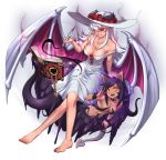  2girls animal_ears bare_shoulders barefoot black_hair black_sclera breasts cleavage demon_girl demon_horns demon_tail demon_wings hat highres horns lilim_(monster_girl_encyclopedia) long_hair maritan_(artist) monster_girl monster_girl_encyclopedia multiple_girls red_eyes simple_background succubus tail tentacles v white_background white_hair wings yellow_eyes 