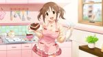  1girl :d apron artist_request bare_shoulders blush breasts brown_eyes brown_hair cake chocolate cowboy_shot english food food_on_face highres icing idolmaster idolmaster_cinderella_girls indoors jewelry jpeg_artifacts kitchen large_breasts looking_at_viewer measuring_cup mixing_bowl necklace official_art open_mouth pastry_bag plant potted_plant skirt sleeves_pushed_up smile solo star thighhighs totoki_airi twintails valentine whisk window 