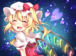  1girl ascot blonde_hair blush bow fang flandre_scarlet hat hat_bow heart looking_at_viewer mob_cap open_mouth side_ponytail sisterakuma smile solo sparkle touhou wings 
