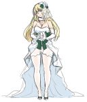  1girl atago_(kantai_collection) blonde_hair bouquet breasts dress elbow_gloves flower gloves high_heels jewelry kantai_collection large_breasts long_hair necklace pantyhose pendant solo tachibana_roku wedding_dress white_dress white_gloves 