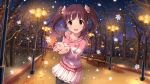  1girl :d bare_tree bench blush brown_eyes brown_hair highres idolmaster idolmaster_cinderella_girls jewelry looking_at_viewer necklace night night_sky ogata_chieri open_mouth skirt sky smile snow snowflakes snowing sunset tree twintails 
