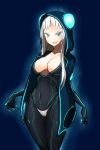  blue_background blue_eyes bodysuit breasts cleavage electro_emilia hood ken_(koala) large_breasts looking_at_viewer neon_trim open_mouth original panties simple_background smile underwear white_hair white_panties 