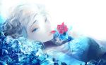  1girl blonde_hair blue_eyes elsa_(frozen) face flower frozen_(disney) lying panbukin petals rose solo 