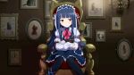  1girl ankle_lace-up armchair artist_request blue_hair cat chair cross-laced_footwear dress hairband headdress highres idolmaster idolmaster_cinderella_girls lolita_fashion lolita_hairband long_hair official_art pantyhose pink_eyes sajou_yukimi sitting smile 