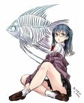  1girl blue_hair bow dated long_hair looking_at_viewer nabeshima_tetsuhiro original school_uniform serafuku skeleton solo sweater tongue tongue_out twitter_username two_side_up violet_eyes wet wet_clothes white_background 