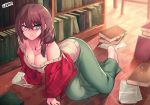  1girl all_fours barefoot blue_eyes book bookshelf breasts brown_hair cleavage collarbone downblouse jewelry jjune large_breasts long_sleeves looking_at_viewer low_twintails necklace no_bra off_shoulder open_clothes open_vest original paper pendant ribbed_sweater skirt solo sweater twintails vest 