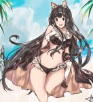  1girl :d animal_ears bangs bare_shoulders beach bikini black_bikini blue_sky breasts cat_ears cleavage clouds fake_animal_ears gloves goggles goggles_on_head granblue_fantasy hand_on_own_chest jessica_(granblue_fantasy) long_hair moko_(alice) navel open_mouth outdoors sky smile solo swimsuit thick_thighs thighs very_long_hair white_eyes white_gloves wide_hips 