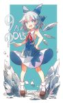  &gt;:d 1girl 60mai :d adapted_costume bare_arms bare_shoulders blue_eyes blue_hair blush bobby_socks cirno dress fang ice ice_wings loafers looking_at_viewer melting no_shirt open_mouth shoes short_hair sleeveless sleeveless_dress smile socks solo touhou wings 