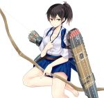  1girl arrow black_hair blush bow_(weapon) breasts cleavage flight_deck japanese_clothes kaga_(kantai_collection) kantai_collection looking_at_viewer nabeshima_tetsuhiro short_hair side_ponytail skirt solo weapon white_background yellow_eyes 