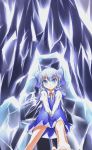  1girl bad_feet barefoot blue_dress blue_eyes blush bow cirno collared_shirt dress expressionless hair_bow hands_on_lap head_tilt highres ice ice_wings legs long_sleeves looking_at_viewer ribbon shirt short_hair sitting solo throne touhou white_shirt wings yrjxp065 