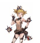  1girl :d ahoge armlet bare_shoulders belt black_gloves blonde_hair blue_eyes covered_navel fang fingerless_gloves gloves goggles goggles_on_head granblue_fantasy hand_on_hip open_mouth outstretched_hand pengi_(granblue_fantasy) pouch short_shorts short_twintails shorts skin_tight smile solo thigh-highs twintails white_legwear 