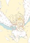  1girl absurdres angel bracelet closed_eyes dissolving_clothes dress feathered_wings feathers halo highres jewelry keita_(kta0) long_hair open_mouth original sitting solo wariza white_dress wings 
