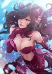  1girl :d artist_name bare_shoulders breasts brown_hair cleavage collar finger_to_mouth hair_ornament hair_over_one_eye highres magion02 mermaid monster_girl navel open_mouth original parted_lips pink_eyes scales signature smile watermark web_address 