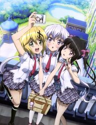  3girls :o absurdres akatsuki_kirika black_hair blonde_hair bow cellphone green_eyes hair_bow hair_ornament hairclip highres legs multiple_girls necktie official_art open_mouth phone red_eyes school_uniform self_shot senki_zesshou_symphogear silver_hair socks tsukuyomi_shirabe twintails v violet_eyes yukine_chris 