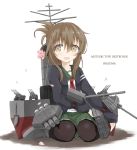  1girl alternate_costume black_legwear brown_eyes brown_hair commentary_request flower folded_ponytail highres inazuma_(kantai_collection) jacket kantai_collection neckerchief open_mouth school_uniform serafuku skirt turret usui_harusame 