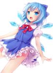  1girl amashiro_natsuki blue_dress blue_eyes blue_hair bow cirno dress hair_bow ice ice_wings open_mouth puffy_short_sleeves puffy_sleeves shirt short_sleeves smile solo touhou upskirt wings 