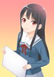  1girl black_hair ha-ru kyoukai_no_kanata long_hair nase_mitsuki red_eyes school_uniform skirt smile solo upper_body 
