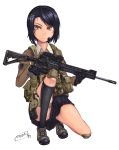  1girl absurdres ar-15 black_hair brown_eyes camouflage dreadtie gun hair_ornament hairclip handgun headset highres holster knee_pads kneehighs original panties pantyshot pantyshot_(squatting) pistol rifle shoes short_hair skirt sneakers solo squatting thigh_holster underwear weapon 