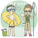  2boys barefoot binoculars brown_hair bucket butterfly_net dated fudou_akio full_body green_eyes hairlocs hand_net hand_on_hip inazuma_eleven inazuma_eleven_(series) innertube kidou_yuuto male_focus multiple_boys open_mouth saku_anna shirtless shoes short_hair simple_background snorkel speech_bubble standing translated transparent 