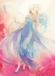  1girl blonde_hair bouquet elsa_(frozen) flower frozen_(disney) high_heels highres one_eye_closed panbukin smile solo 