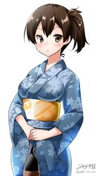  1girl bag brown_eyes brown_hair highres japanese_clothes kaga_(kantai_collection) kantai_collection kimono satchel short_hair side_ponytail yukata yuki_no_iori 