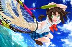  1girl badminton_racket black_hair green_eyes hamada_kousuke hanebado! hanesaki_ayano long_hair official_art racket school_uniform sky 