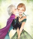  2girls anna_(frozen) ano_(sbee) bare_shoulders blonde_hair cape cheek_kiss closed_eyes couple elsa_(frozen) frozen_(disney) hair_up hand_on_shoulder happy incest kiss multiple_girls orange_hair siblings sisters smile tiara yuri 