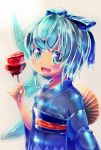  1girl blue_eyes blue_hair blush bow candy_apple cirno hair_bow highres ice ice_wings japanese_clothes kimono open_mouth pmx short_hair smile solo touhou wings yukata 