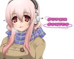  1girl blush breasts character_name delpico headphones large_breasts long_hair looking_at_viewer nitroplus pink_eyes pink_hair scarf smile solo super_sonico 